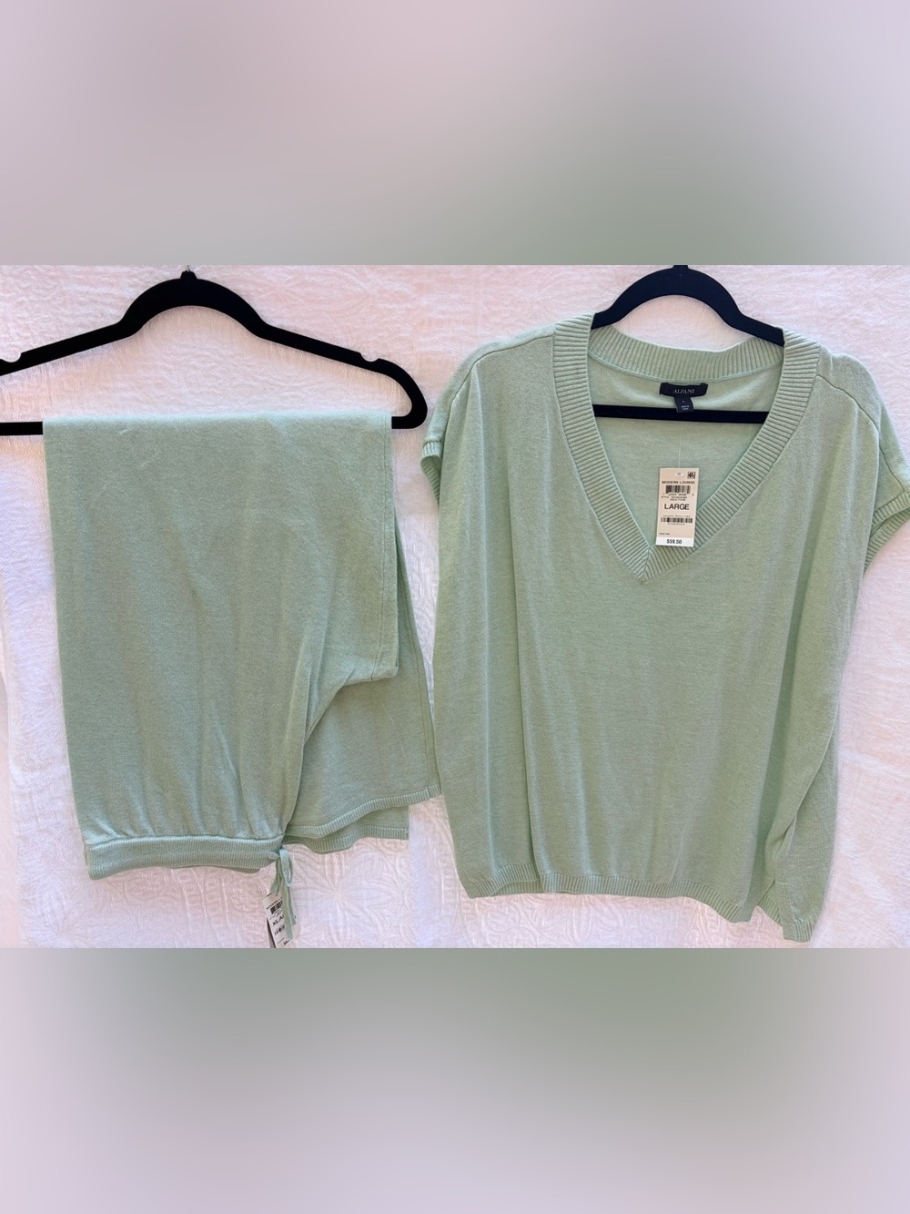 Alfani Light Green Knit V-Neck Top and Tie-Waist Pants Set